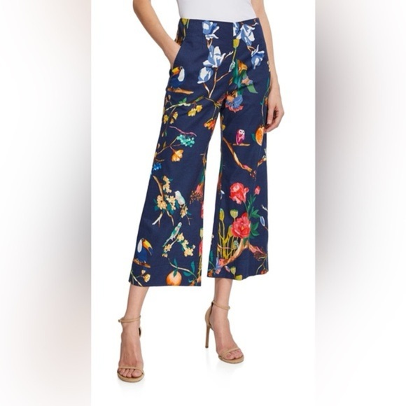 Tanya Taylor Evelyn Cropped Pants Size 6 Linen Navy Floral Wide Leg Novelty - Picture 6 of 16